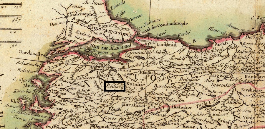 Ville de Kédus / Gediz sur une carte ancienne de Turquie de 1791