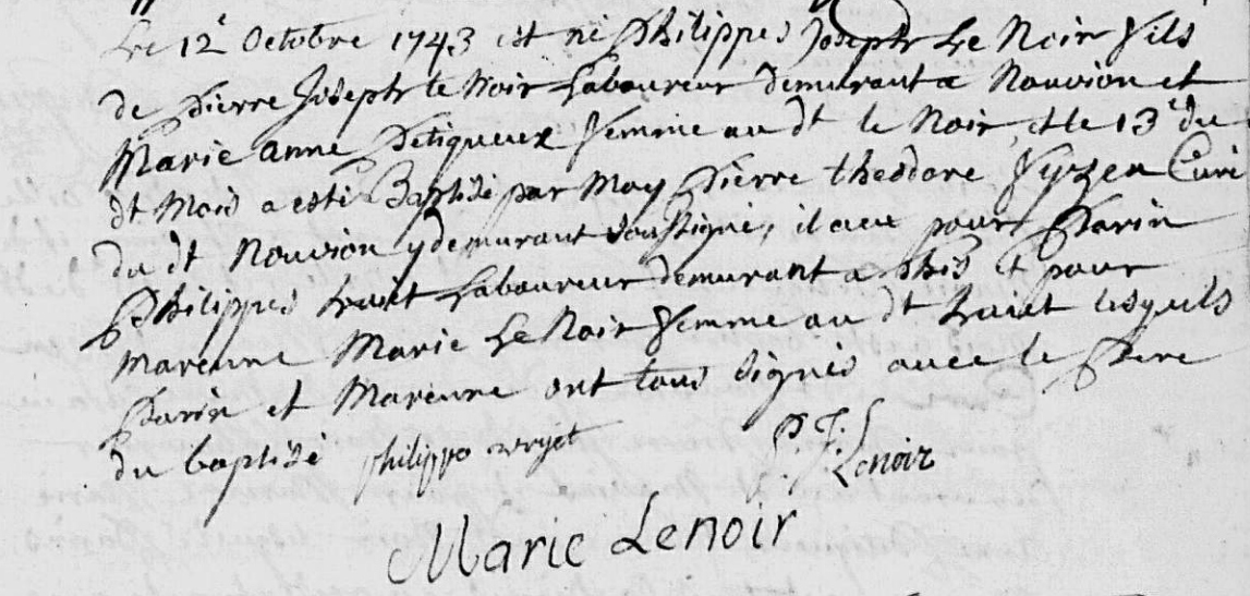 Acte de naissance de Philippe Joseph Lenoir le 12 octobre 1743 à Nouvion sur Meuse (Ardennes)