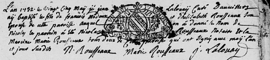 Acte de baptême de Nicolas Midoux le 25 mai 1732 à Auvillers les Forges (Ardennes)