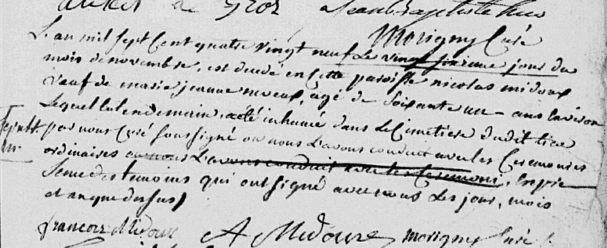 Acte de décès de Nicolas Midoux le 26 novembre 1789 à Auvillers les Forges (Ardennes)