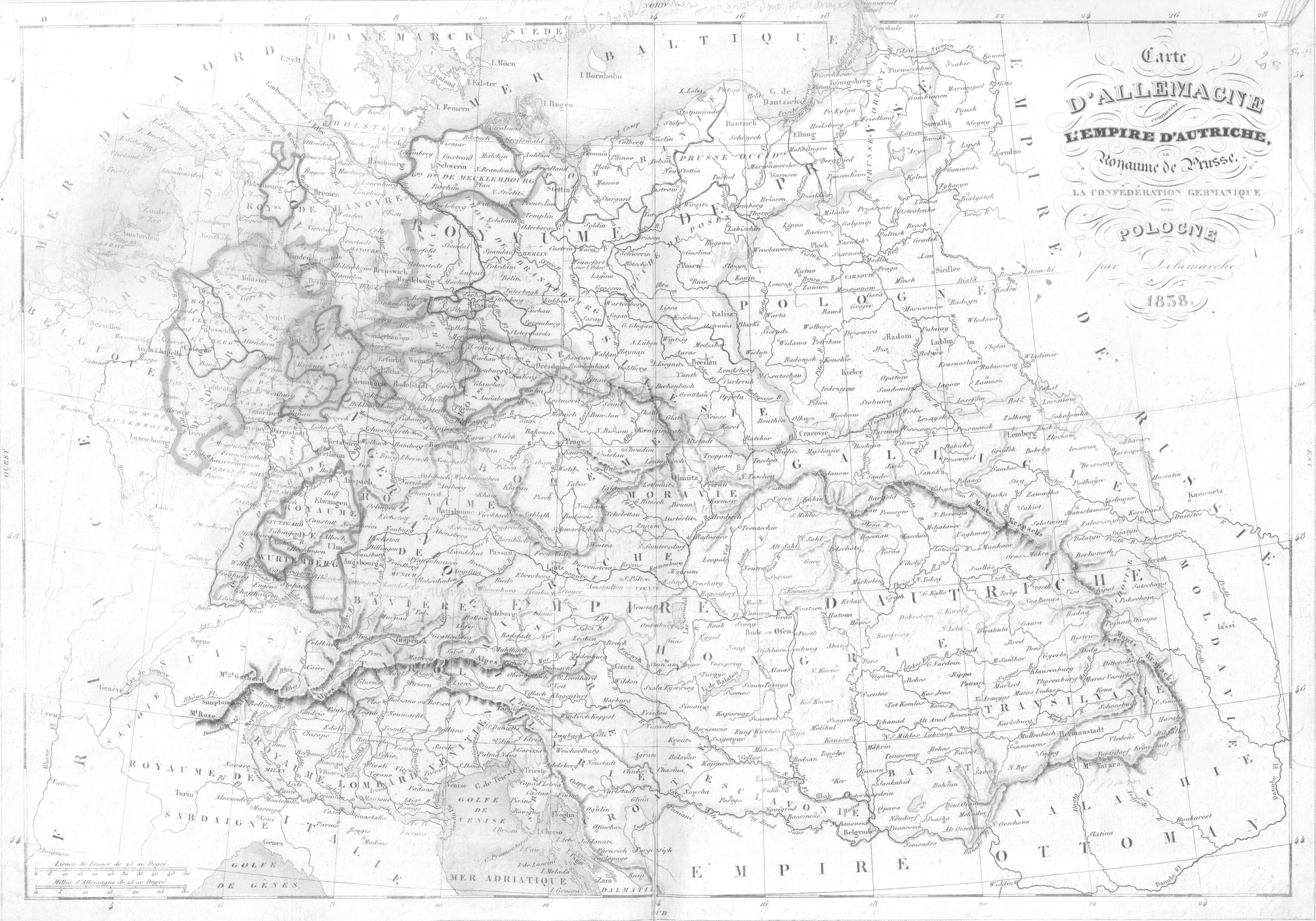 Carte de l'Allemagne, de l'Autriche, de la Pologne et 
  de l'Europe Centrale de 1838 par Felix Delamarche