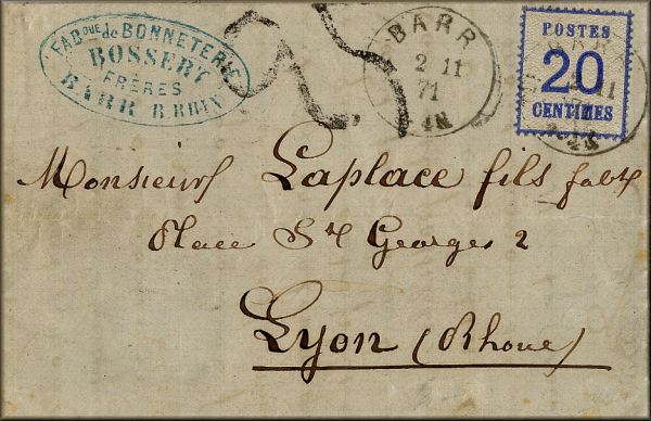 lettre ancienne (avec timbre poste d'occupation et cachets) de Barr (Bas Rhin - Alsace - France) --> Lyon (Rhone - France)- 2 novembre 1871