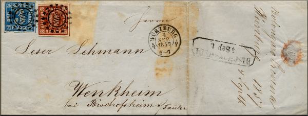 lettre ancienne (avec timbres poste et cachets) de Wurzburg (Baviere / Bayern - Allemagne) --> Wenkheim (Bade / baden - Allemagne) 04 septembre 1857
