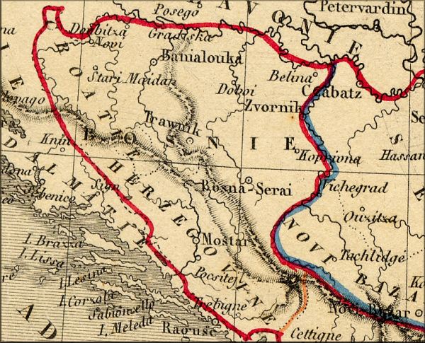 Bosnie Herzegovine / Bosnia Herzegovina / Herceg Bosna (capitale Sarajevo / Bosna Saray) - carte geographique ancienne de 1843