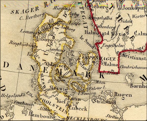 Danemark / Danmark - carte geographique ancienne de 1843