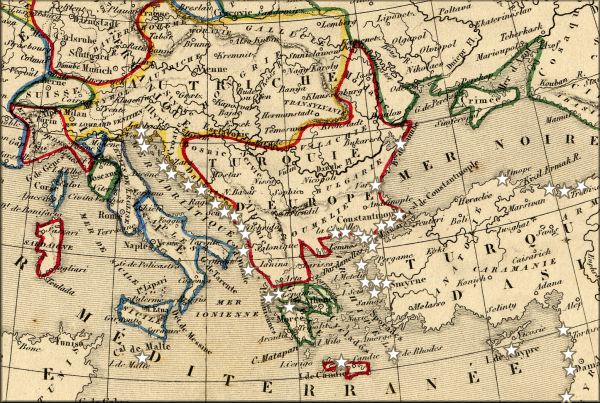 les principales escales du service de messagerie maritime du Lloyd Austriaco / Lloyd Triestino (Trieste / Triest - Autriche / Italie) sur une ancienne carte geographique francaise de 1843