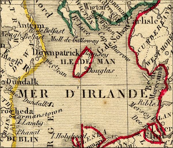 ile de Man / isle of Man /  Ellan Vaninn possession de la couronne d'Angleterre en Mer d'Irlande - carte geographique ancienne (atlas d'Alexandre Vuillemin - Paris 1843)