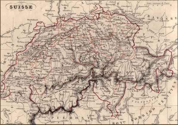 Suisse / Schweiz / Svizzera / Svizra - carte geographique ancienne (atlas d'Alexandre Vuillemin eleve du general suisse Dufour - Paris 1843) et carte de la rectification de frontiere de la vallee des Dappes (Jura) en 1862