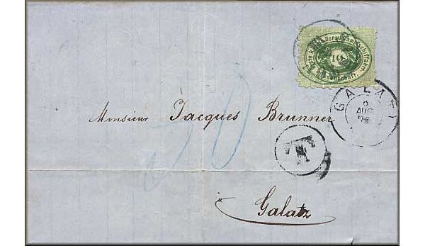 lettre ancienne (avec 1 timbre et 3 cachets) : Sistov / Svishtov (Bulgarie) --> Galatz / Galati  (Roumanie) du 08/08/1876