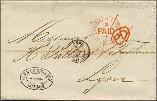 lettre ancienne (sans timbre poste mais avec cachets postaux) de London / Londres (Angleterre / England - Royaume Uni / United Kingdom) --> Lyon (Rhone - France) du 21 octobre 1869