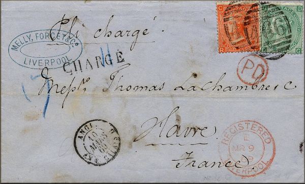 lettre ancienne (avec 2 timbres poste et plusieurs cachets postaux) de Liverpool (Angleterre / England - Royaume Uni / United Kingdom) --> le Havre (France) du 9 mars 1869