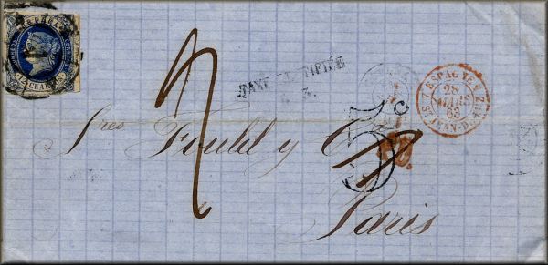 lettre ancienne (avec 1 timbres poste et cachets postaux) La Coruna  / La Corogne (Galice / Galicia - Espagne) --> Paris - 23/03/1863