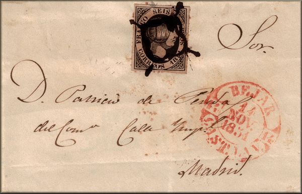 lettre ancienne (avec 1 timbre poste et 2 cachets postaux) : Bejar (Castille et Leon - Espagne) --> Madrid (Espagne) du 14 novembre 1851