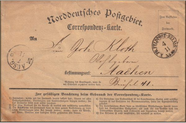 carte lettre de la Feldpost de Prusse durant la guerre franco-prussienne de 1870 / 1871 : Haudainville pres de Verdun (Meuse - France) --> Aachen / Aix la Chapelle (Allemagne) du 4 novembre 1870