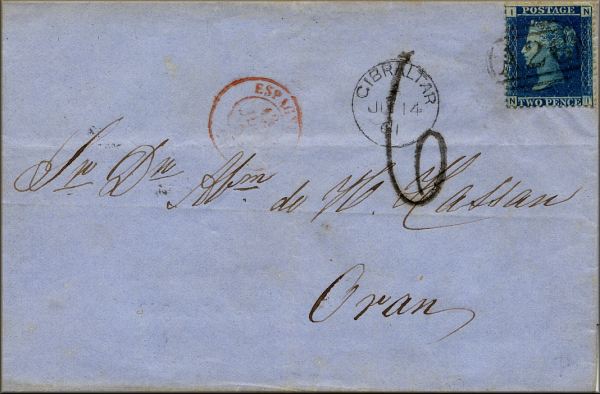 lettre ancienne (avec timbre poste et cachet postal) de Gibraltar --> Oran (Algrie franaise) - 14/07/1861