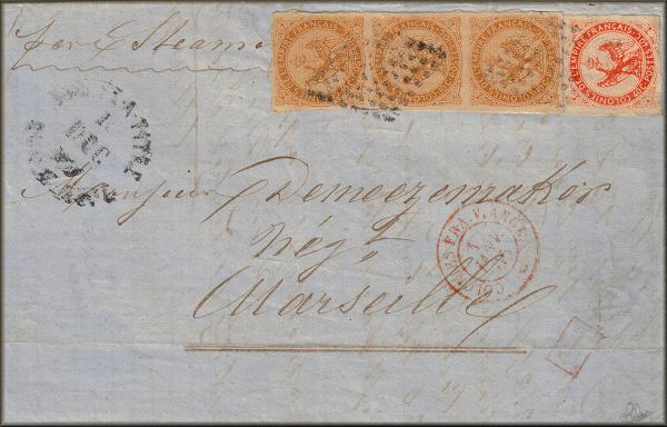 lettre ancienne (avec quatre timbres poste aigle et cachets postaux) Pointe  Pitre (Guadeloupe - France) --> Marseille (France) - 01/12/1865