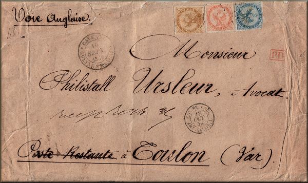 lettre ancienne avec timbres poste aigle de Cayenne (Guyane - France)  --> Toulon (Var - France) du 15/09/1859 adressee  Philistall Ursleur avocat