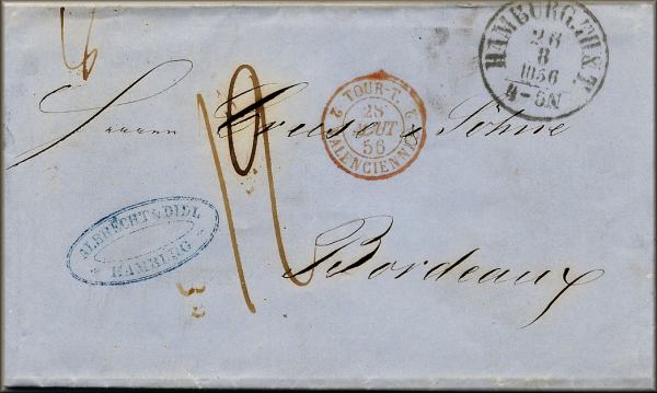 lettre ancienne (sans timbre poste avec cachets postaux) Hambourg / Hamburg (Allemagne) --> Bordeaux (Gironde - France) 26/08/1856