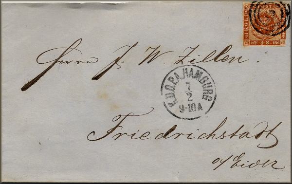 lettre ancienne (avec timbre poste et cachets postaux) Hambourg / Hamburg (Allemagne) --> Friedrichstadt (Schleswig - Allemagne) 07/02/18??