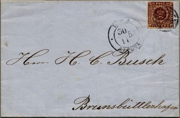 lettre ancienne (avec un timbre poste du Danemark et un cachet postal) Altona (Hambourg - Allemagne) --> Brunsbuttlerhafen / Brunsbttel (Holstein - Allemagne)  30/11/1853