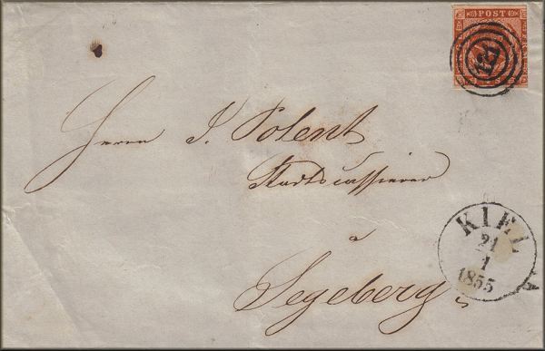 lettre ancienne (avec timbre poste et cachets postaux) Kiel (Holstein - Allemagne) --> Segeberg / Bad Segeberg - 21/01/1855