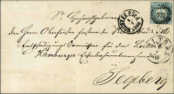 lettre ancienne (avec timbre poste allemands et cachets postaux allemands et danois) du Holstein (Allemagne / Autriche / Danemark) --> Segeberg / Bad Segeberg (Holstein - Allemagne) via Altona (Hambourg / Hamburg - Allemagne) du 4 avril 1864