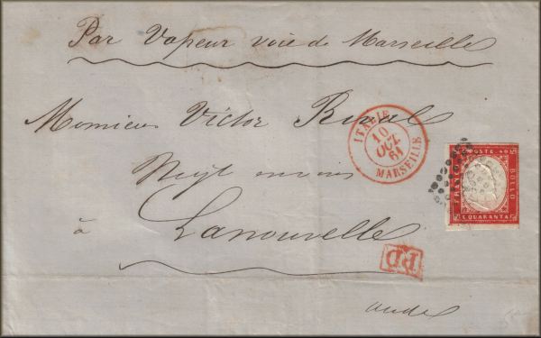lettre ancienne (avec 1 timbre poste et 3 cachets) : Genova / Genes (Ligurie - Italie) --> la Nouvelle / Port la Nouvelle (Aude - France) via Marseille (Bouches du Rhone - France) - 08/10/1861