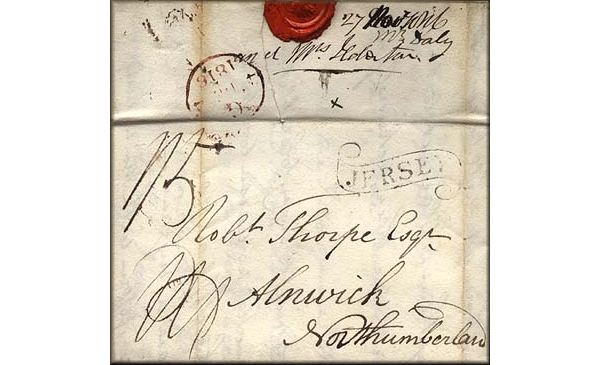 lettre ancienne (sans timbre poste et avec cachets postaux) de Saint Helier (Jersey) --> Alnwick (Angleterre) du 27 novembre 1816