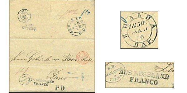 lettre ancienne (sans timbre poste avec cachets postaux) : Wilna / Wilno / Vilnius (Lituanie / Lithuanie / Lietuva) --> Paris (France) - 6 mai 1850
