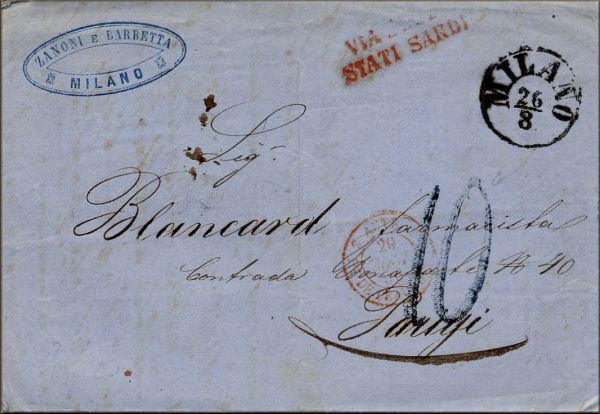 lettre ancienne (sans timbre poste et avec 3 cachets) : Milan / Milano (Lombardie - Italie) --> Paris (Seine - France) via Pont de Beauvoisin (Isere / Savoie - France) - 26 aout 1856