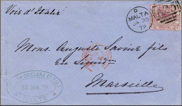 lettre ancienne (avec 1 timbre poste et cachet postaux britanniques) de Malte / Malta --> Marseille (France) du 30 janvier 1879 (via Italie)