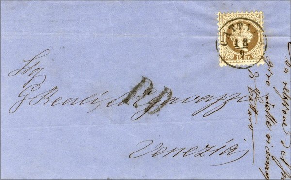 lettre ancienne avec un timbre poste d'Autriche et cachet postal) de Cattaro / Kotor (Montenegro) --> Venezia / Venise (Italie) du 18 septembre 1863