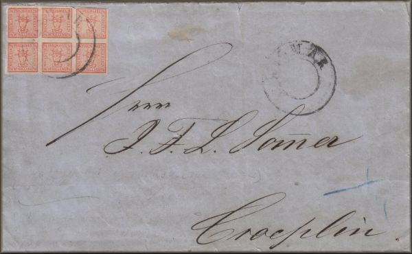 lettre ancienne (avec 6 timbres poste et cachet postal) de Wismar (Mecklembourg Schwerin - Allemagne) --> Croeplin / Kropelin / Kroepelin (Mecklembourg Schwerin - Allemagne)  du 15 aout 1862