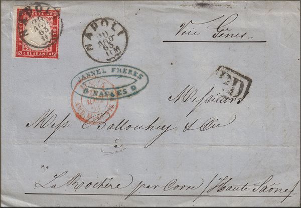 lettre ancienne (avec 1 timbre poste et 5 cachets) de Napoli / Naples (Campanie - Italie) --> La Rochere par Corre (Haute saone - France) - 20 aout 1863