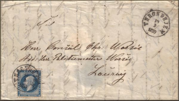 lettre ancienne (avec timbre poste et cachets postaux) de Throndhjem / Trondheim / Drontheim (Norvege) --> Laurvig / Larvik (Norvege) du 19 mars 1859