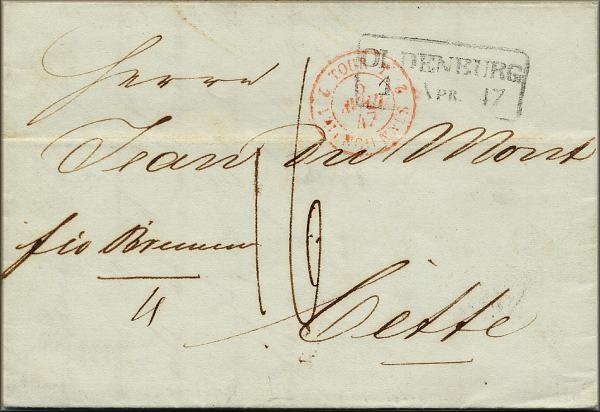 lettre ancienne (sans timbre poste avec cachets postaux) Oldenbourg / Oldembourg / Oldenburg --> Ste 01/04/1847