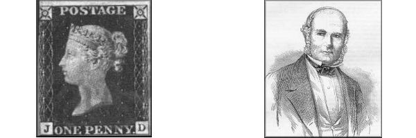 premier timbre poste one penny black avec profil de la reine Victoria et Sir Rowland Hill promoteur de la reforme du systeme postal britannique et inventeur du premier timbre poste le 6 mai 1840
