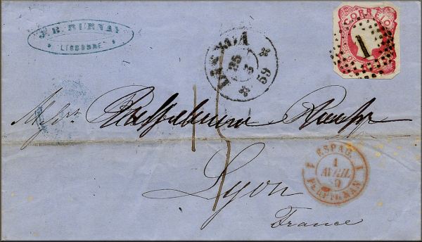 lettre ancienne (avec 1 timbre poste et 2 cachets postaux) de Lisboa / Lisbonne (Portugal) --> Lyon (Rhone - France) via Zaragoza / Saragosse, La Junquera, Perpignan du 25 mars 1859