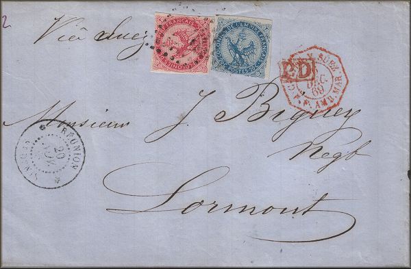 lettre ancienne (avec timbres poste aigle et cachats postaux) Saint Denis de la Reunion (Reunion - France) --> Lormont (Gironde - France) (via canal de Suez - premier navire venant de la Reunion ayant franchi le canal de Suez) - 20/11/1869