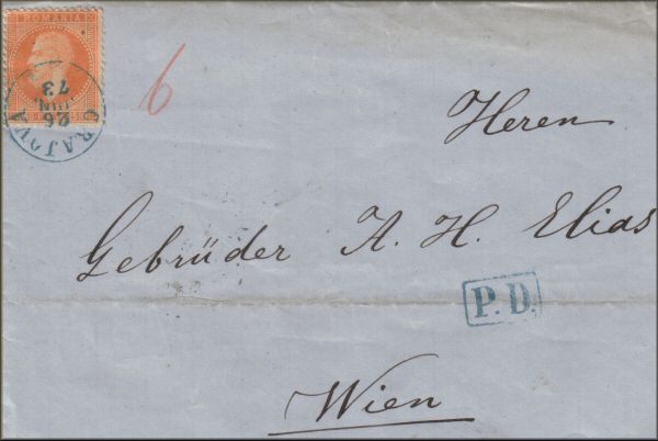 lettre ancienne (sans timbre poste mais avec cachets postaux) de Crajova / Craiova / Krajova (Valachie / Roumanie) --> Wien / Vienne (Autriche) du 26 juin 1873