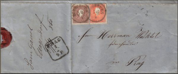 lettre ancienne (avec 2 timbres poste et cachets postaux) de Pressburg / Presbourg  / Bratislava (Slovaquie) --> Prague / Prag (Republique tcheque / Tchequie) du 30 avril 1860