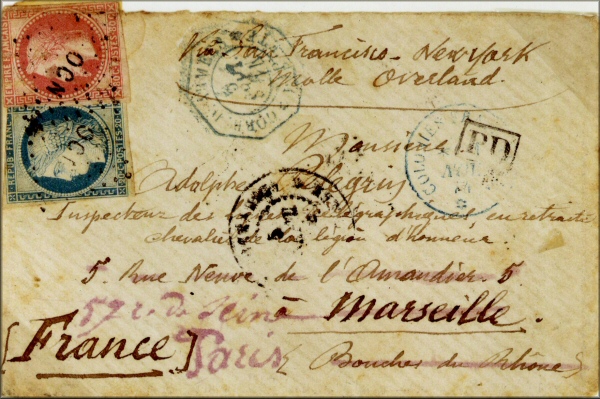 lettre ancienne (avec timbres poste et cachets postaux) Tahiti (Polynesie franaise) --> Marseille / Paris via San Francisco & New York (USA) - 1874
