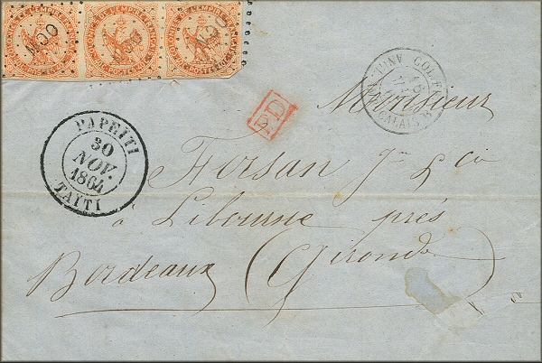 lettre ancienne (avec timbres poste aigle et cachets postaux) de Papeiti / Papeete (Taiti / Tahiti - Polynesie - France d'Outre Mer) vers Libourne (Gironde - France) via Panama et l'Angleterre du 30 novembre 1864