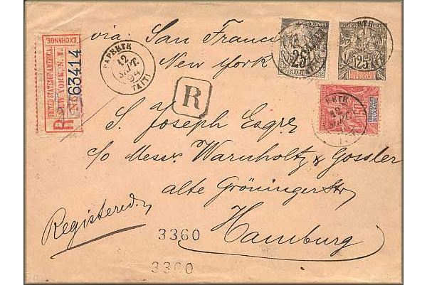 lettre ancienne (avec nombreux timbres poste et cachets postaux) Papeete (Polynesie franaise) --> Hambourg / Hamburg (Allemagne) via San Francisco & New York (USA) - 12/09/1894