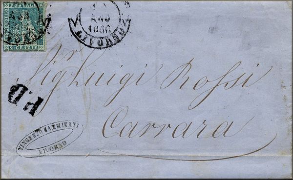 lettre ancienne (avec 1 timbre poste et 2 cachets) : Livorno / Livourne (Toscane - Italie) --> Carrara / Carrare (Modene / Toscane - Italie) - 20 aout 1856