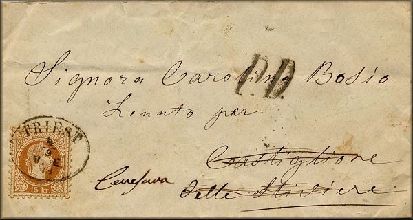 lettre ancienne (avec 1 timbre poste et 1 cachet postal) de Triest / Trieste (Frioul Venetie Julienne - Italie) --> Castiglione delle Stiviere (Lombardie - Italie) --> Ceresara (Lombardie - Italie) - 4 septembre 1871