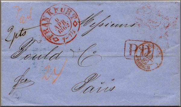 lettre ancienne de la poste Thurn und Taxis / Tours et Taxis (avec timbre poste et cachets) Frankfurt am Main / Francfort (Allemagne) --> Paris (France) [09/04/1862]