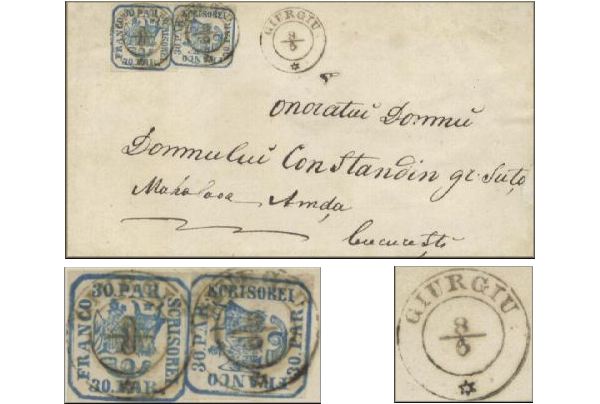 lettre (avec 2 timbres poste et cachets postaux) de Giurgiu / Giurgewo / Ghiurgevo / Jerkoki (Valachie / Roumanie) --> Bucarest (Valachie / Roumanie) du 8 juin 1863