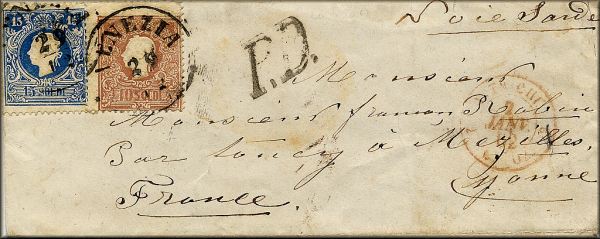 lettre ancienne (avec 2 timbres poste et 4 cachets postaux) de Venezia / Venise (Venetie - Italie) --> Mezilles par Toucy (Yonne - France) du 29 decembre 1861