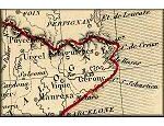 geographie bizarre : la principaute d'Andorre (Andorra) absente de cette carte geographique et physique ancienne de la frontiere entre la France et l'Espagne dans les Pyrenees